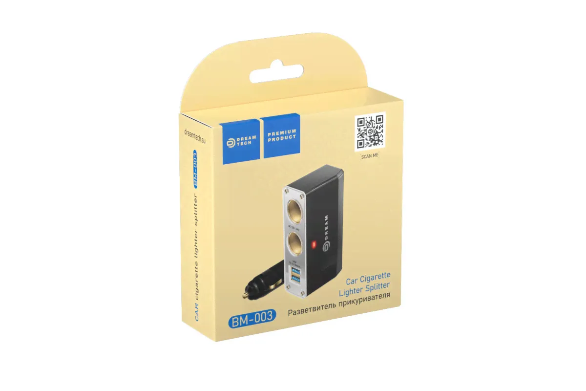 Разветвитель прикуривателя BM-003 1A 0.6M (2 гнезда, 2USB) DREAM-0